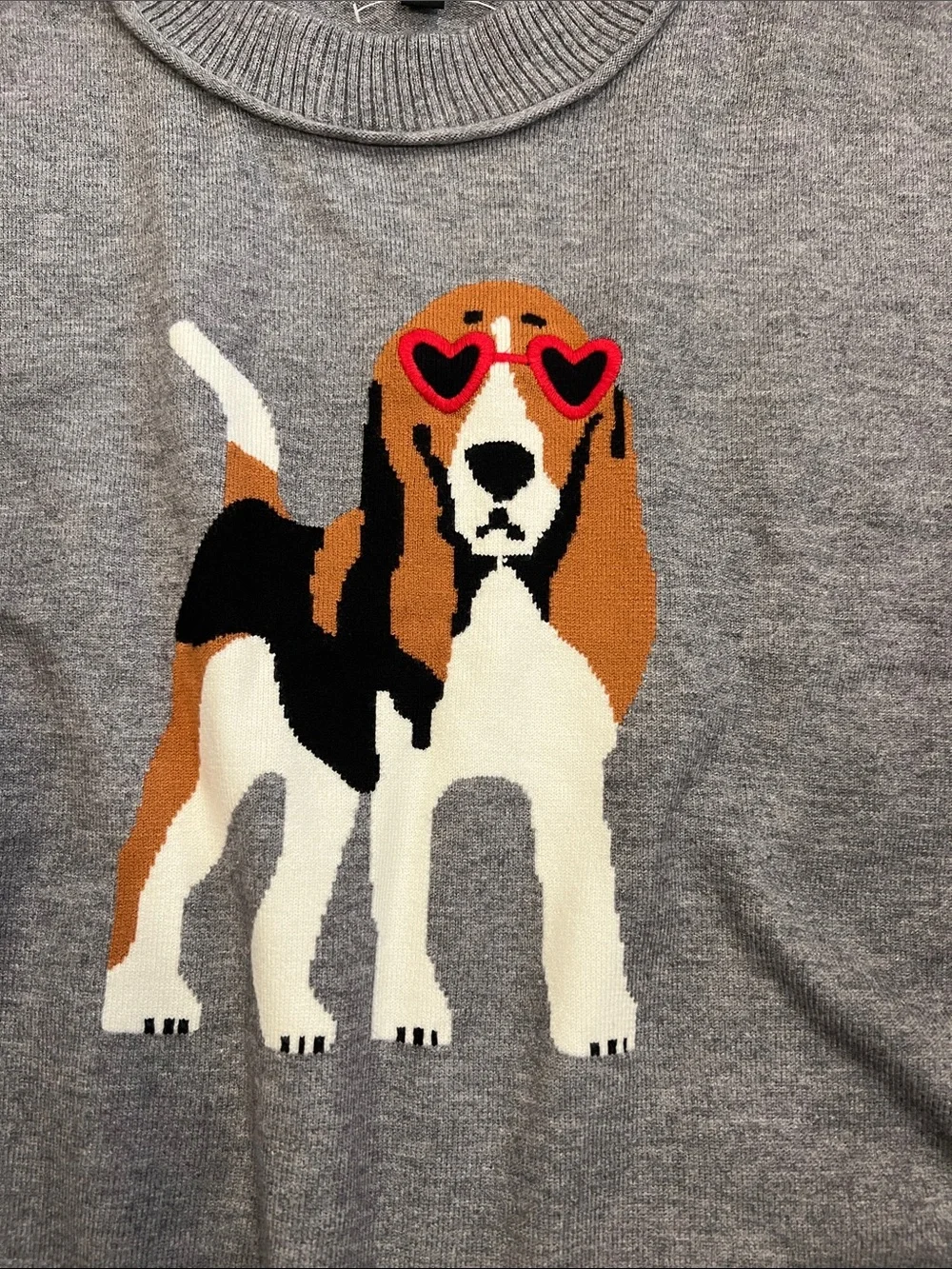 019.New Gray Dog Graphic Short-Sleeve Knit Top - Heart Sunglasses Beagle
